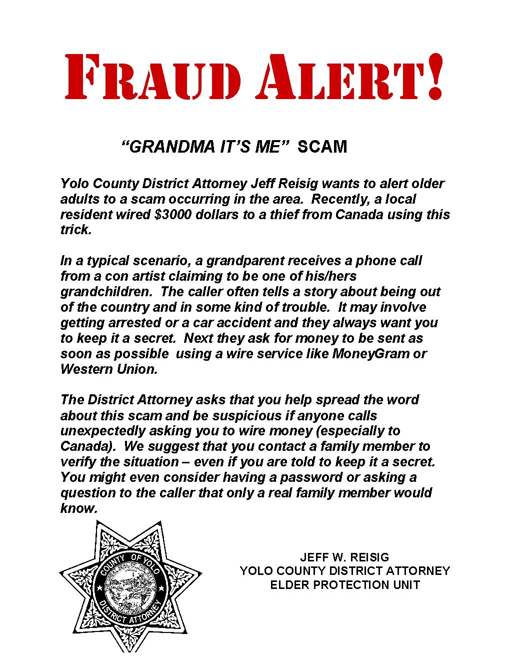 図３　アメリカ版オレオレ詐欺への注意を呼びかける連邦地区検事のチラシ